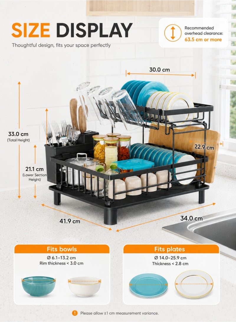 Dish Drying Rack, 2 Tier Dish Racks for Kitchen Counter, Compact Drying Rack Kitchen, Rust-Resistant Dish Drainer, Detachable Space-Saving Dish Rack with Drainboard, Utensil Holder, Black - Image 2