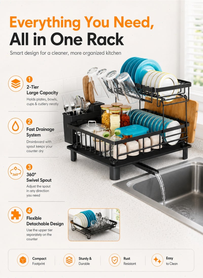 Dish Drying Rack, 2 Tier Dish Racks for Kitchen Counter, Compact Drying Rack Kitchen, Rust-Resistant Dish Drainer, Detachable Space-Saving Dish Rack with Drainboard, Utensil Holder, Black - Image 3