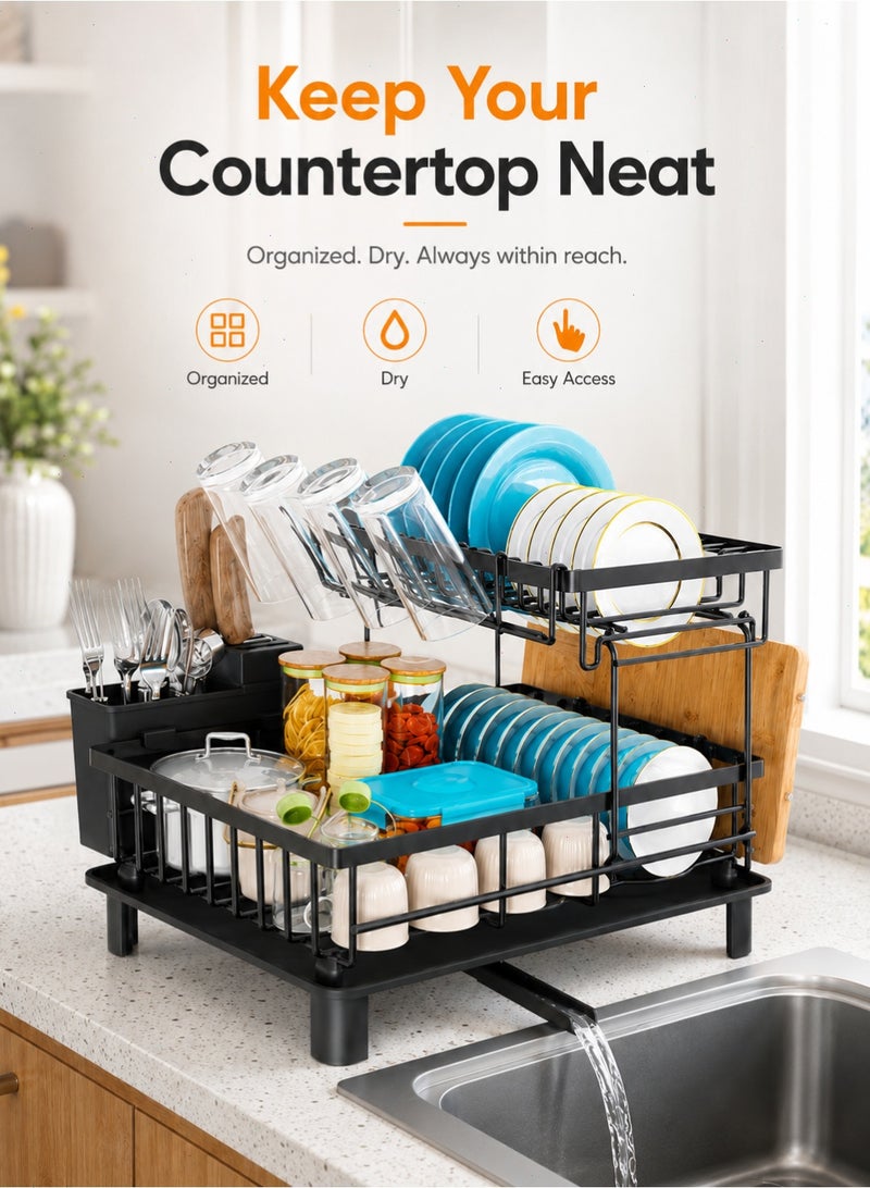 Dish Drying Rack, 2 Tier Dish Racks for Kitchen Counter, Compact Drying Rack Kitchen, Rust-Resistant Dish Drainer, Detachable Space-Saving Dish Rack with Drainboard, Utensil Holder, Black - Image 5
