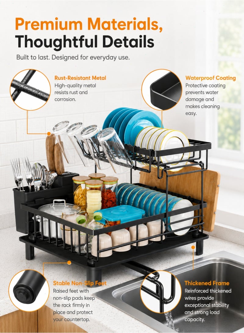 Dish Drying Rack, 2 Tier Dish Racks for Kitchen Counter, Compact Drying Rack Kitchen, Rust-Resistant Dish Drainer, Detachable Space-Saving Dish Rack with Drainboard, Utensil Holder, Black - Image 4