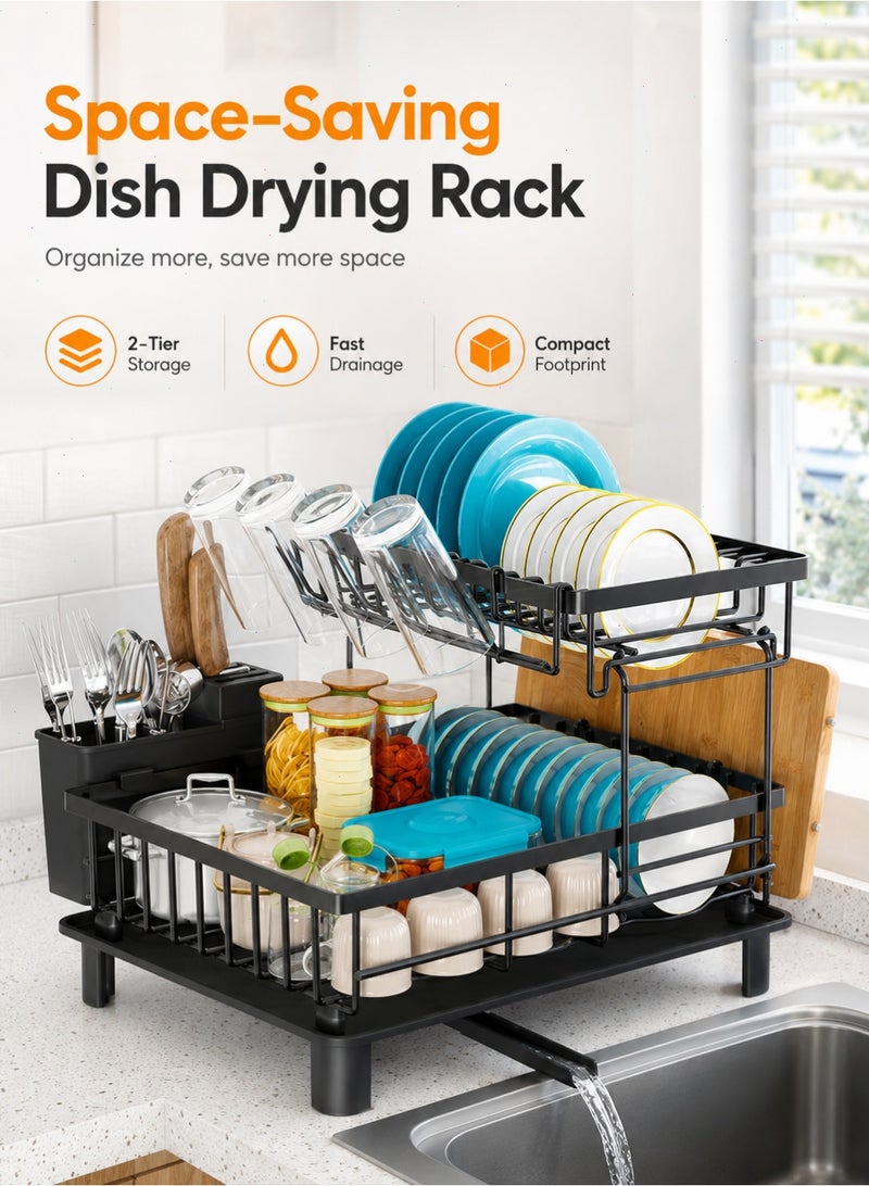 Dish Drying Rack, 2 Tier Dish Racks for Kitchen Counter, Compact Drying Rack Kitchen, Rust-Resistant Dish Drainer, Detachable Space-Saving Dish Rack with Drainboard, Utensil Holder, Black - Image 1