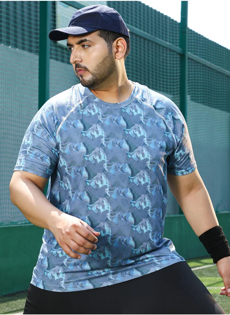 Instafab Plus Instafab Plus Men's Slate Blue Panel-Swirl Activewear T-Shirt For Casual Wear | Crew Neck | Short Sleeves | Plus Size Jersey T-Shirt Crafted With Comfort Fit For Everyday Wear