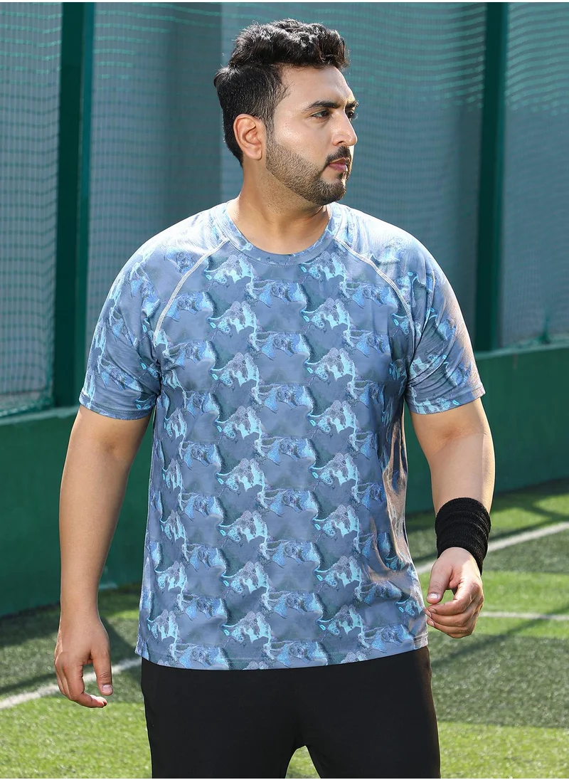 Instafab Plus Instafab Plus Men's Slate Blue Panel-Swirl Activewear T-Shirt For Casual Wear | Crew Neck | Short Sleeves | Plus Size Jersey T-Shirt Crafted With Comfort Fit For Everyday Wear