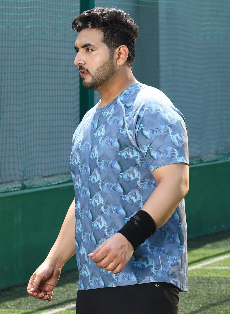 Instafab Plus Instafab Plus Men's Slate Blue Panel-Swirl Activewear T-Shirt For Casual Wear | Crew Neck | Short Sleeves | Plus Size Jersey T-Shirt Crafted With Comfort Fit For Everyday Wear