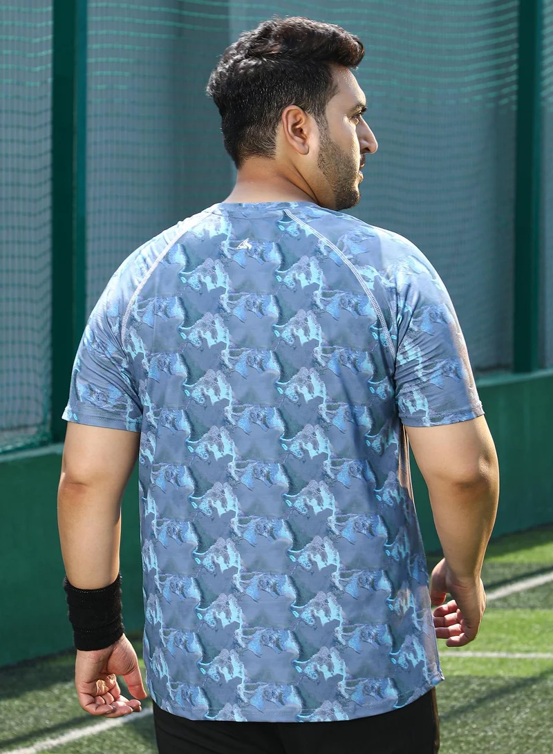 Instafab Plus Instafab Plus Men's Slate Blue Panel-Swirl Activewear T-Shirt For Casual Wear | Crew Neck | Short Sleeves | Plus Size Jersey T-Shirt Crafted With Comfort Fit For Everyday Wear