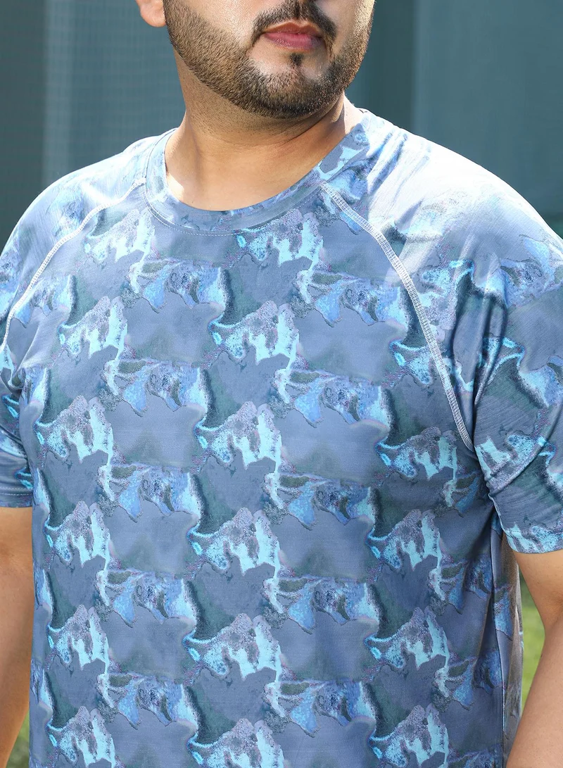 Instafab Plus Instafab Plus Men's Slate Blue Panel-Swirl Activewear T-Shirt For Casual Wear | Crew Neck | Short Sleeves | Plus Size Jersey T-Shirt Crafted With Comfort Fit For Everyday Wear