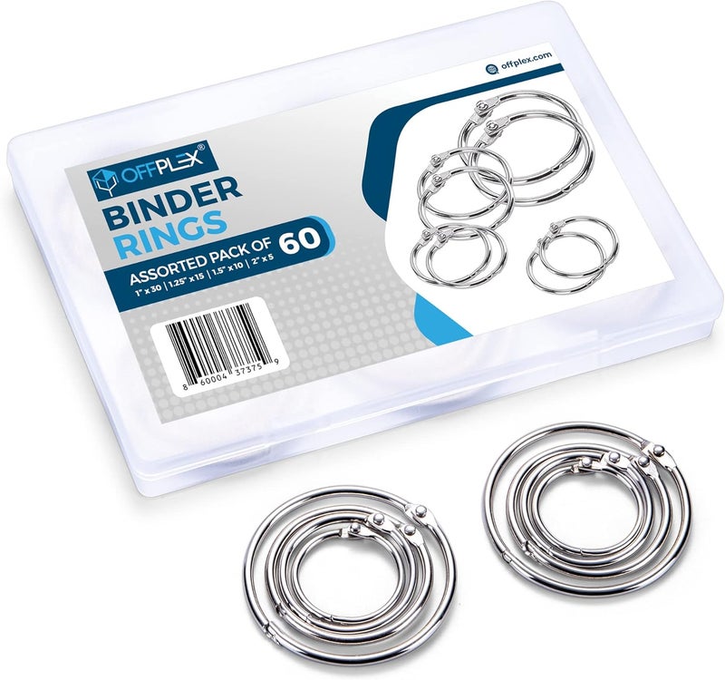 OFFPLEX (60 Pack) Loose Leaf Binder Rings Assorted Sizes (1,1.25,1.5,2 Inch), Premium Nickel Plated Steel Book Rings for Home, School or Office Use - Image 2