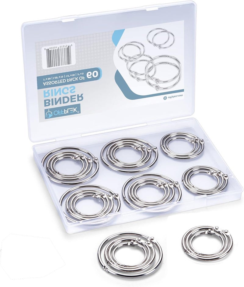 OFFPLEX (60 Pack) Loose Leaf Binder Rings Assorted Sizes (1,1.25,1.5,2 Inch), Premium Nickel Plated Steel Book Rings for Home, School or Office Use - Image 1