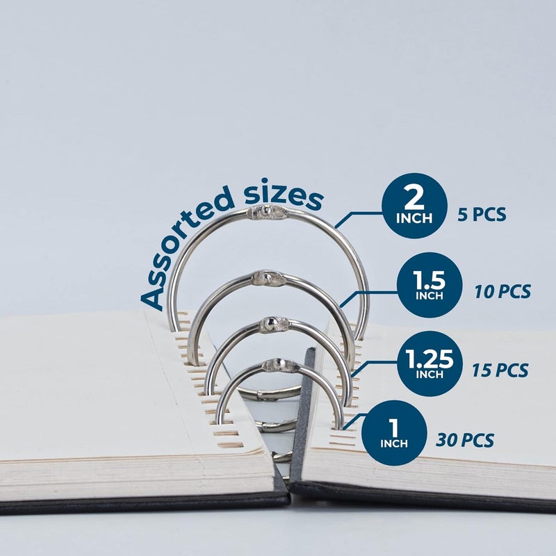 OFFPLEX (60 Pack) Loose Leaf Binder Rings Assorted Sizes (1,1.25,1.5,2 Inch), Premium Nickel Plated Steel Book Rings for Home, School or Office Use - Image 3