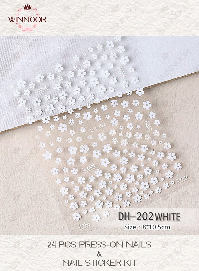 WINNOOR 24Pcs Solid Color Press-on Nails, Magenta Glossy Artificial Nails, Almond Shape False Nails & White Tiny Bloom Nail Art Stickers Set - Image 3