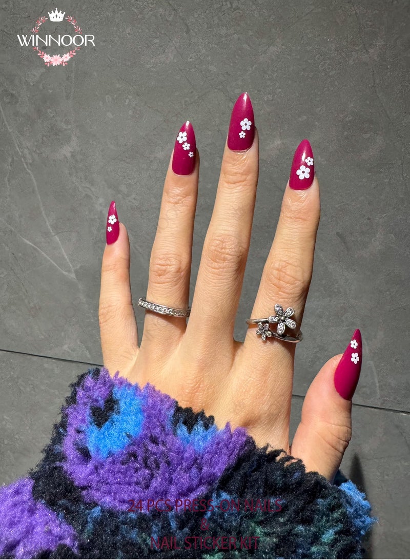 WINNOOR 24Pcs Solid Color Press-on Nails, Magenta Glossy Artificial Nails, Almond Shape False Nails & White Tiny Bloom Nail Art Stickers Set - Image 1