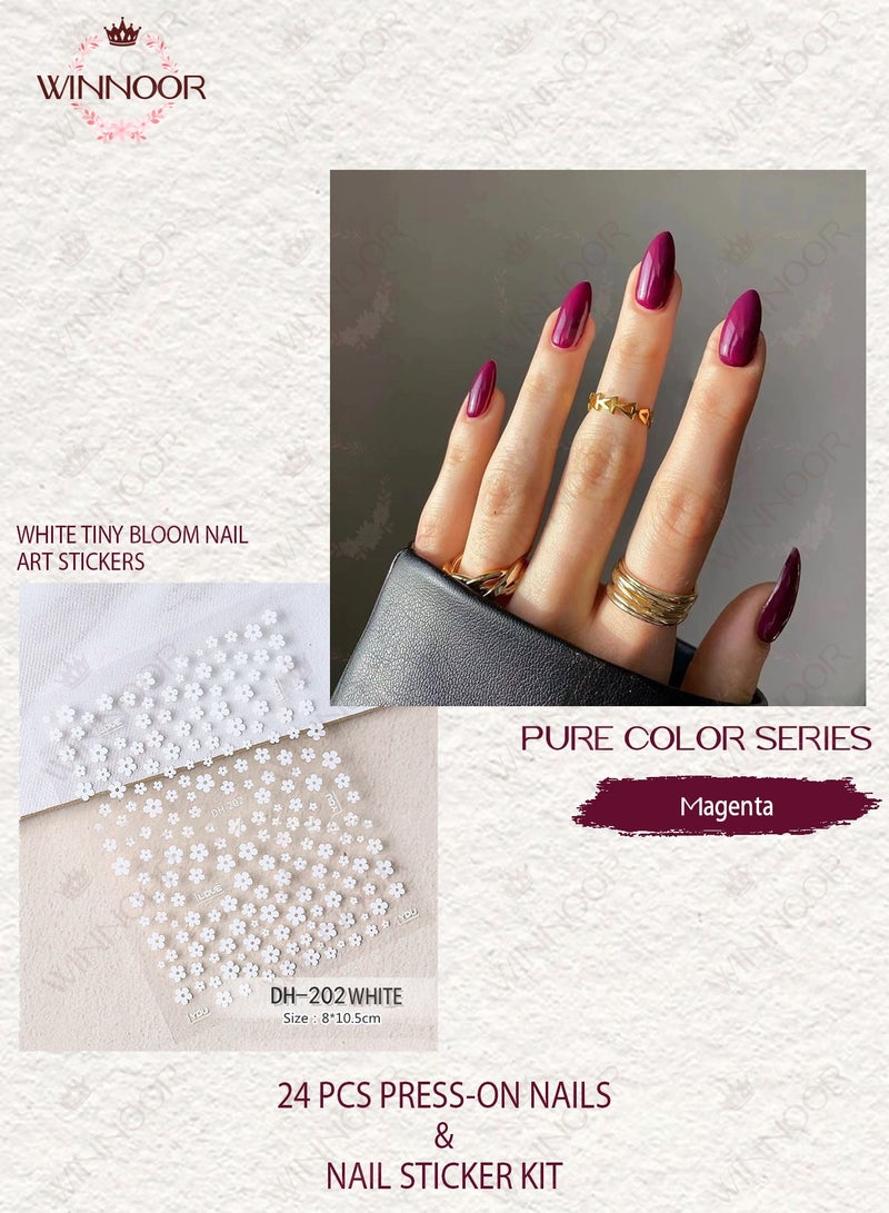 WINNOOR 24Pcs Solid Color Press-on Nails, Magenta Glossy Artificial Nails, Almond Shape False Nails & White Tiny Bloom Nail Art Stickers Set - Image 2