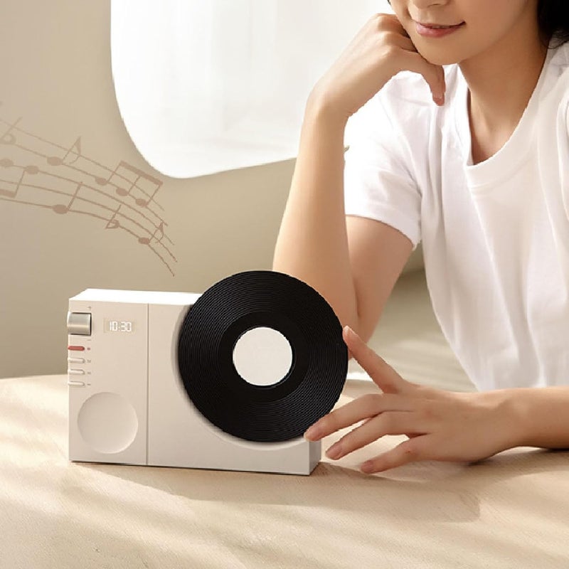 Keenso BT Speaker with Clock,Vintage BT Speaker Tabletop Retro Clock Rotating Retro Record Player Shape for Home Office (White) - Image 2