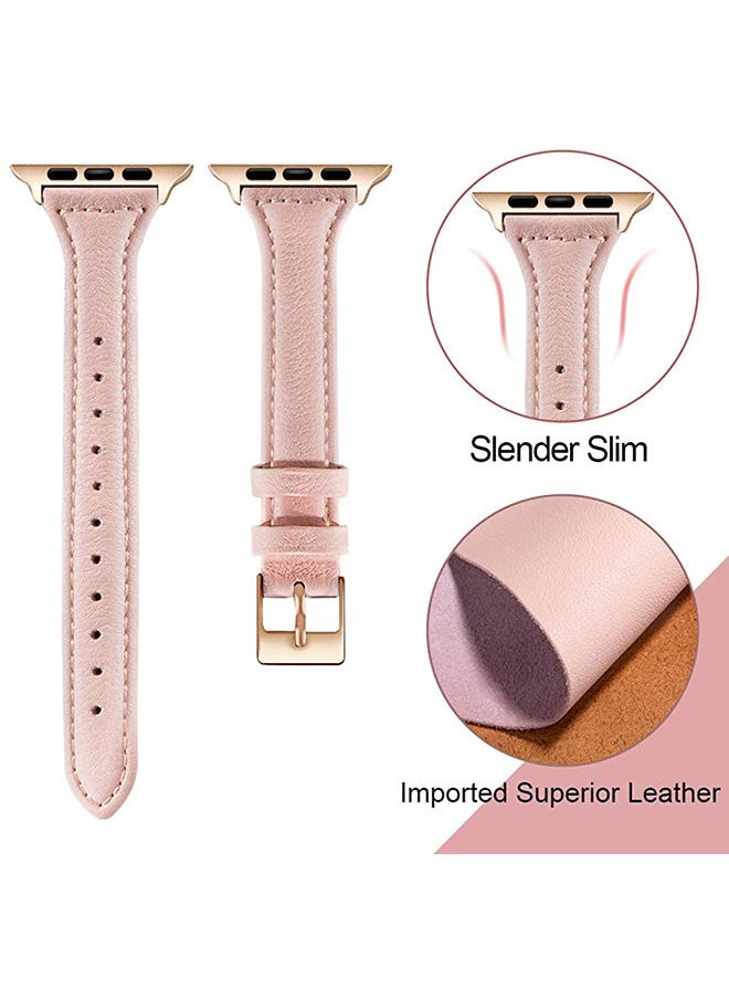 O Ozone - Slim Leather Bands For Apple Watch Series 10 9 8 7 6 5 4 SE 38/40/41/42mm Top Grain Thin Leather Wristband - Pink - Image 1