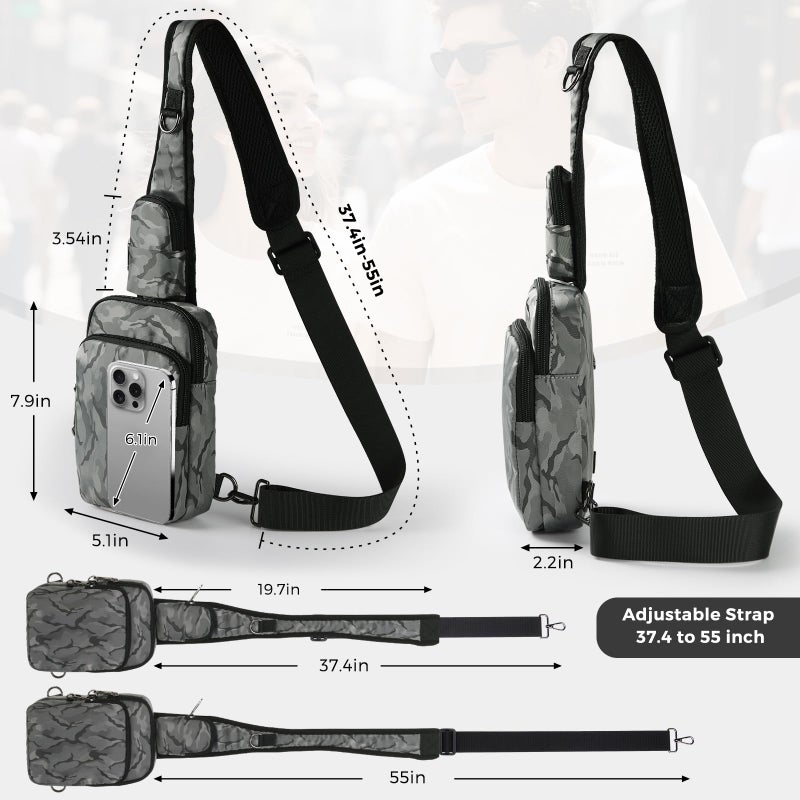 VADOO Sling Bag, Crossbody Bag with Zipper Lock, RFID Blocking & Water Resistant for Men and Women (Camouflage Grey) - Image 4