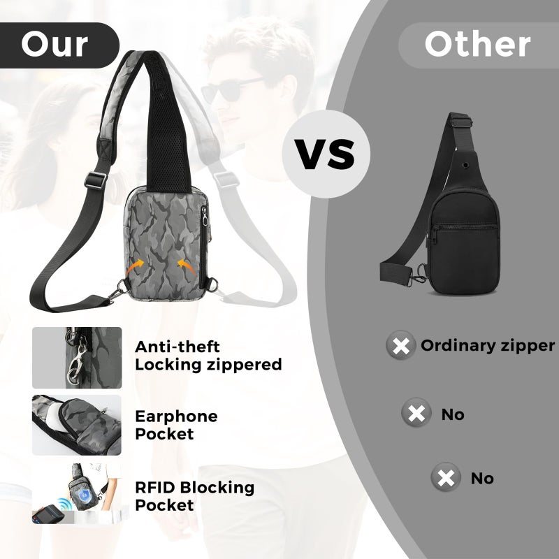 VADOO Sling Bag, Crossbody Bag with Zipper Lock, RFID Blocking & Water Resistant for Men and Women (Camouflage Grey) - Image 5