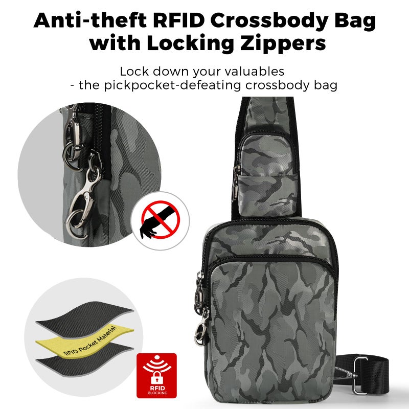 VADOO Sling Bag, Crossbody Bag with Zipper Lock, RFID Blocking & Water Resistant for Men and Women (Camouflage Grey) - Image 3