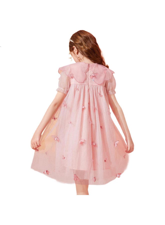 Ask Junior Girls' Summer Dress, For Older Children, Fairy-Like Butterfly Mesh, Fashionable Peter Pan Collar Princess Dress, Pink, Size 160 - Image 3