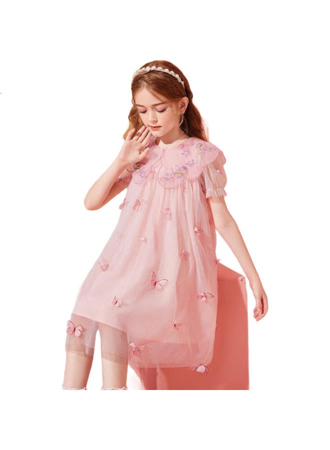 Ask Junior Girls' Summer Dress, For Older Children, Fairy-Like Butterfly Mesh, Fashionable Peter Pan Collar Princess Dress, Pink, Size 160 - Image 2