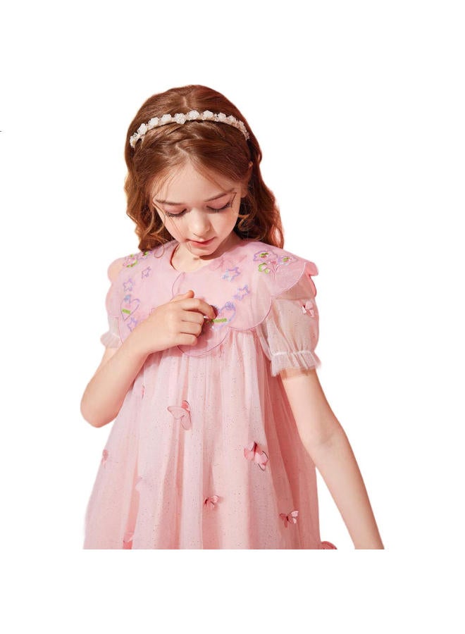 Ask Junior Girls' Summer Dress, For Older Children, Fairy-Like Butterfly Mesh, Fashionable Peter Pan Collar Princess Dress, Pink, Size 160 - Image 1