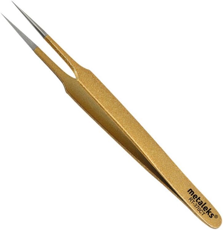 metaleks Tweezers for Eyelash Extension Hand Crafted Surgical Stainless Steel Metallic Gold Powder Coated Pointed Straight Tip