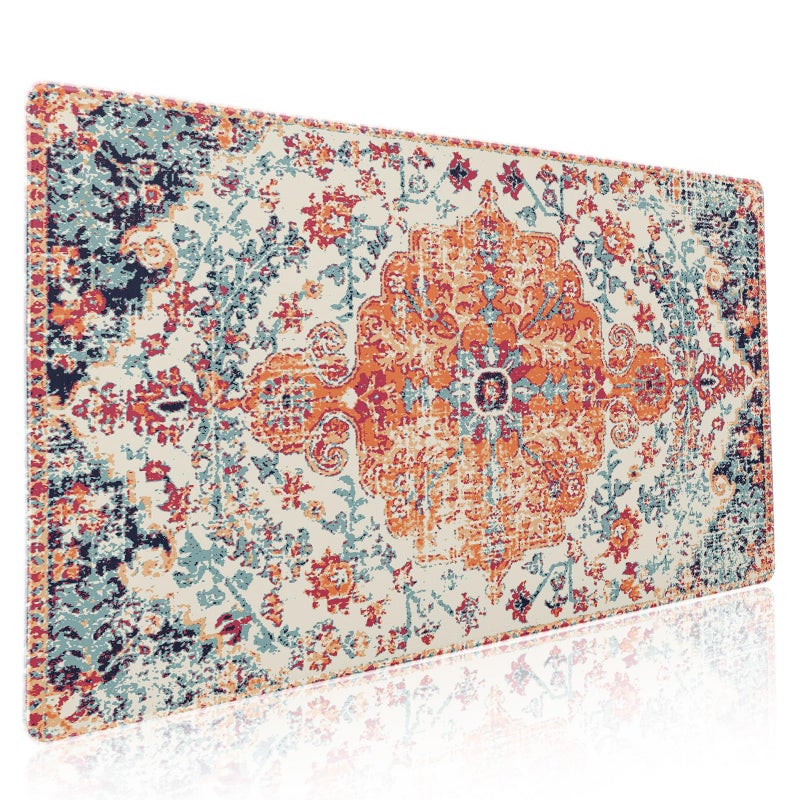 Orange Teal Boho Gaming Mouse Pad XXL Vintage Rug Bohemian Extended Large Desk Mat Big Mousepad NonSlip Rubber Base Stitched Edge Long Mousepad for Desktop Office PC Gamer 354 x 157 Inch