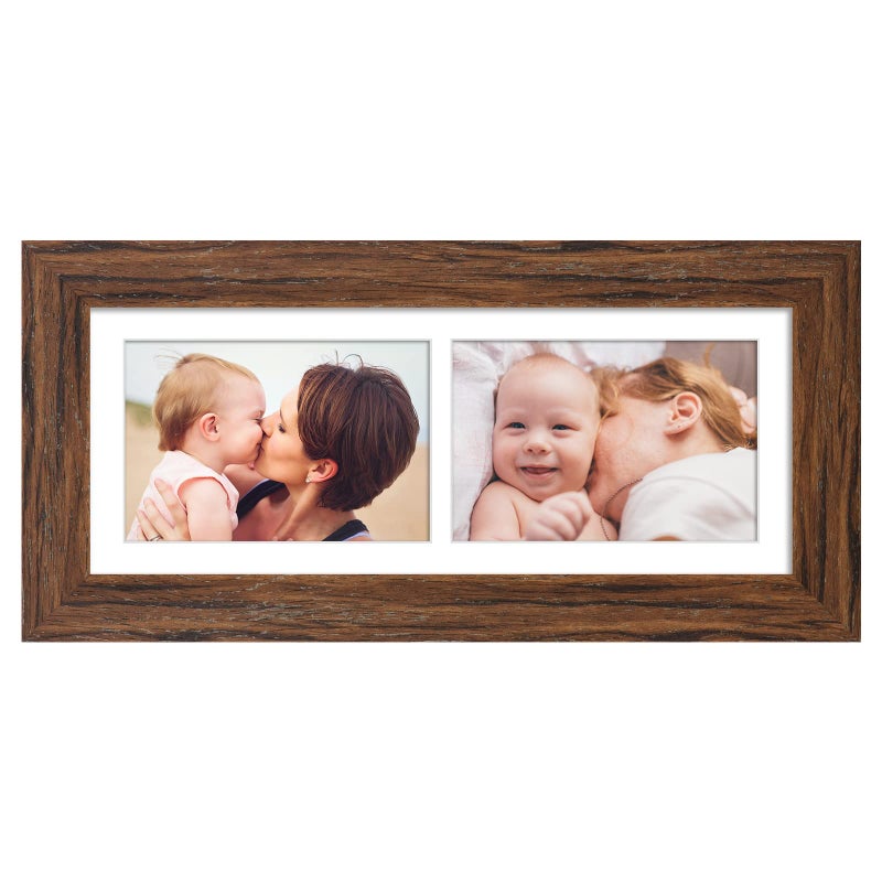 Gaevuian 6x15 Picture Frame Display 2 opening 5X7 Double Picture Frame CollageMulti Photo Frame with MatPlexiglassHorizontal and Vertical Formats for Wall DcorCarbonized Brown Wood Grain