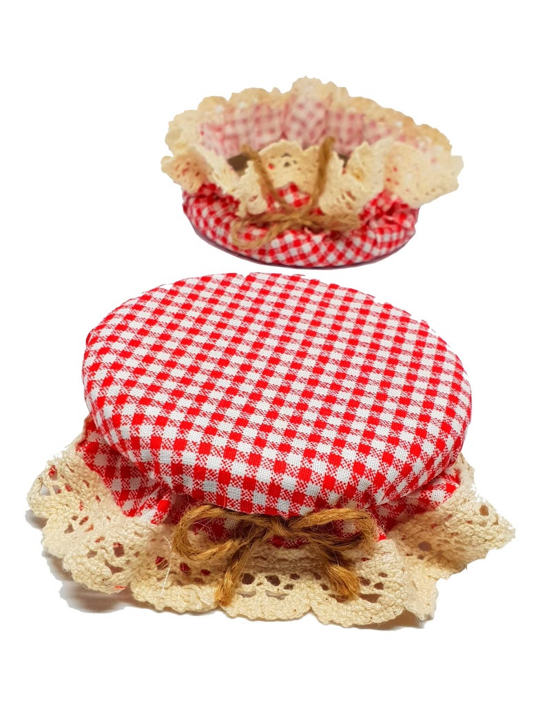 DLK - 10 Pieces Elasticated Jar Cover - 100% Cotton, Stretchy Red Gingham (Checkered) Pattern - Breathable Fermentation Lid Bowl - Reusable Elastic Cloth Covers - Image 1