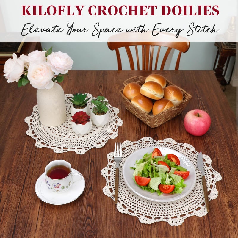 كيلوفلاي طقم مفارش أطباق دائرية مصنوعة يدوياً من القطن والدانتيل مكون من 4 قطع. - Image 5