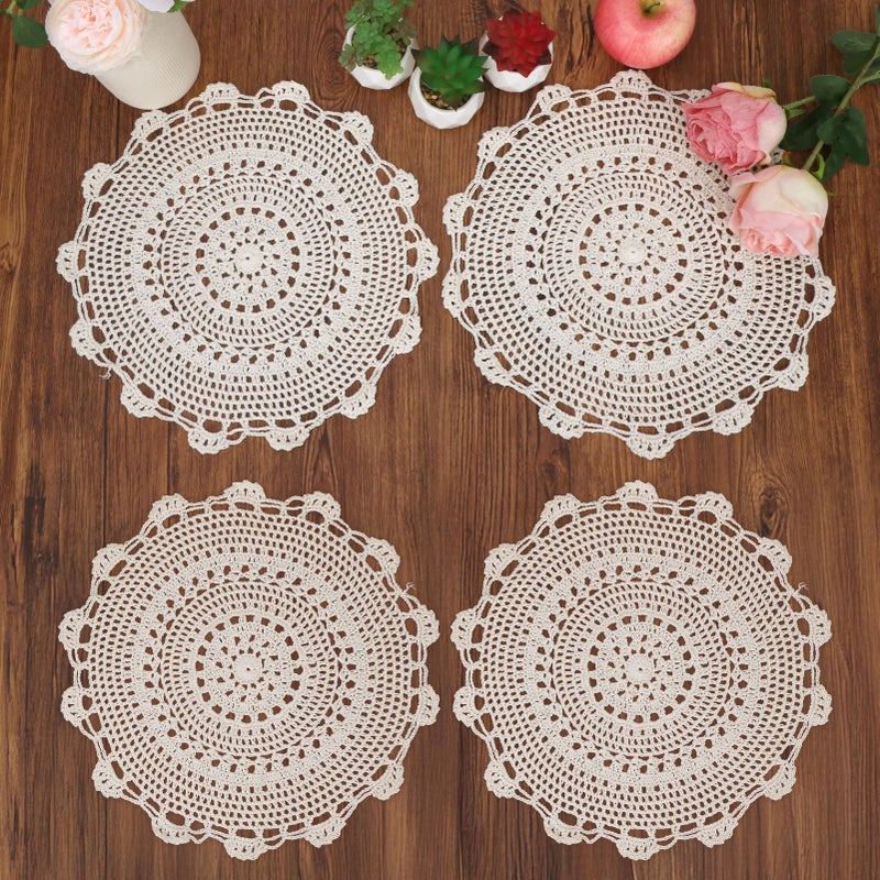 كيلوفلاي طقم مفارش أطباق دائرية مصنوعة يدوياً من القطن والدانتيل مكون من 4 قطع. - Image 2