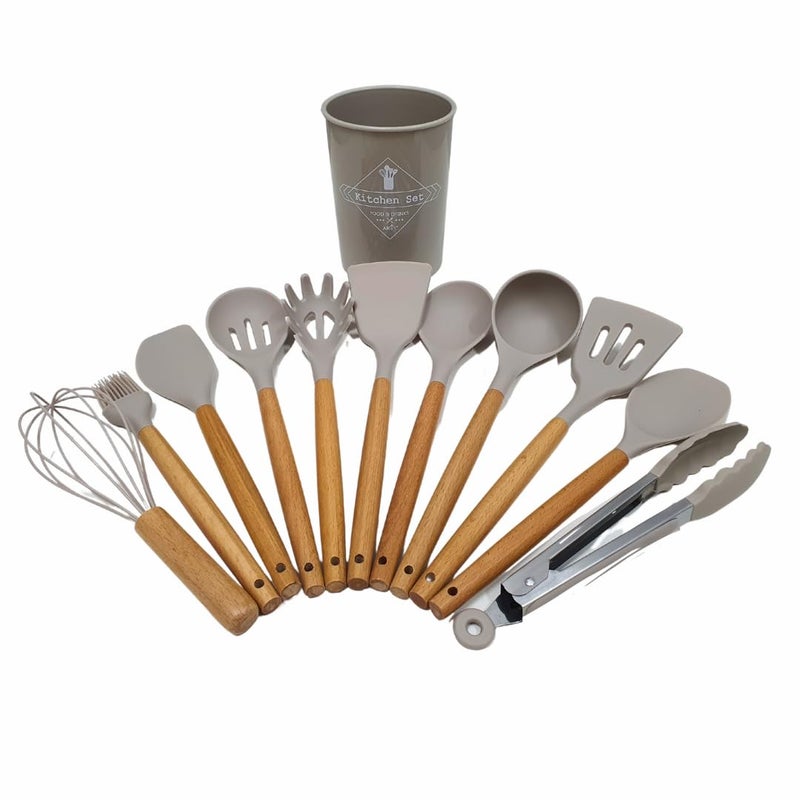12-Piece Silicone Cooking Utensil Set with Bamboo Handles, Non-Stick Cookware Safe, Includes Holder - Image 2