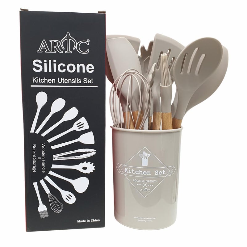 12-Piece Silicone Cooking Utensil Set with Bamboo Handles, Non-Stick Cookware Safe, Includes Holder - Image 1
