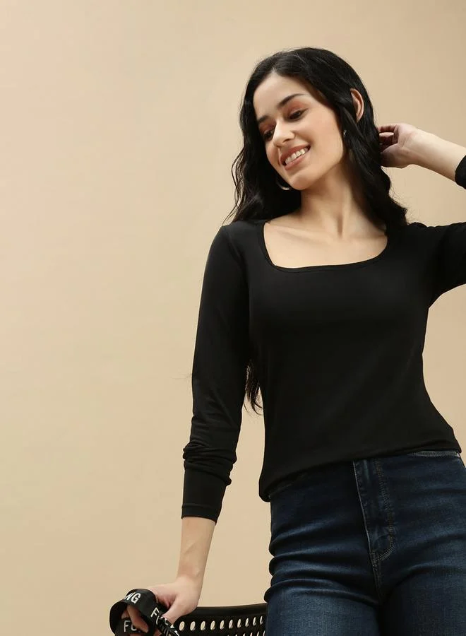 ECOLORE Black Solid Square Neck Long Sleeves Top