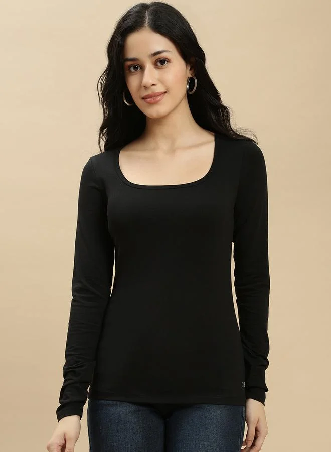 ECOLORE Black Solid Square Neck Long Sleeves Top