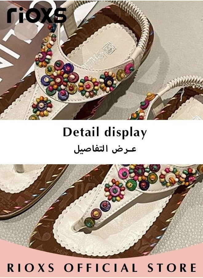 RIOXS - Flat Sandals For Women Bohemian Beaded Sandals Women's Fashion Ankle Strap Beach Sandal Slip-on Flats Shoes For Ladies Vacation Shopping Walking Daily Wear - Image 1