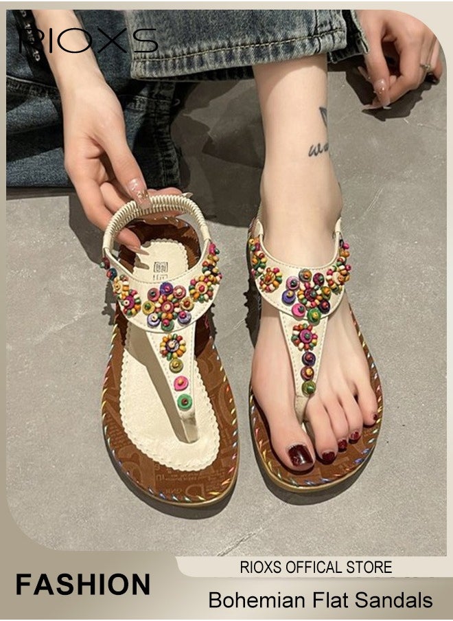 RIOXS - Flat Sandals For Women Bohemian Beaded Sandals Women's Fashion Ankle Strap Beach Sandal Slip-on Flats Shoes For Ladies Vacation Shopping Walking Daily Wear - Image 1