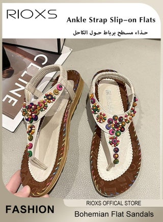 Flat Sandals for Women, Bohemian Beaded Flip Flop Sandals, Fashion Thong Sandals for Women, Classic Ankle Strap Beach Sandal, Slip-on Flats Open-toed Shoes for Ladies,  Comfort Summer Sandals for Vacation/ Shopping/ Walking/ Daily Wear, Casual Sandals Brown Beige - view 3
