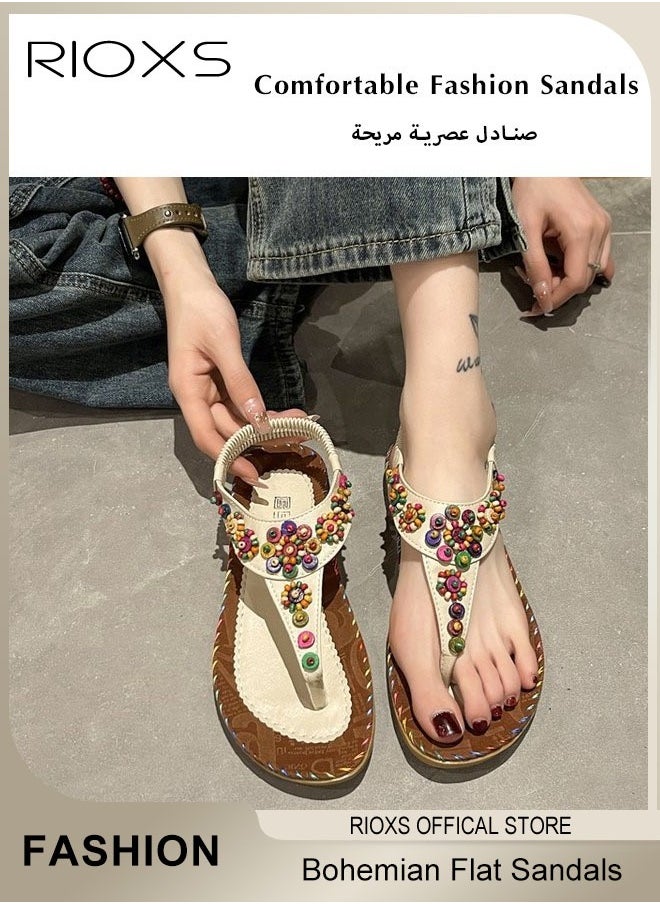RIOXS - Flat Sandals For Women Bohemian Beaded Sandals Women's Fashion Ankle Strap Beach Sandal Slip-on Flats Shoes For Ladies Vacation Shopping Walking Daily Wear - Image 1