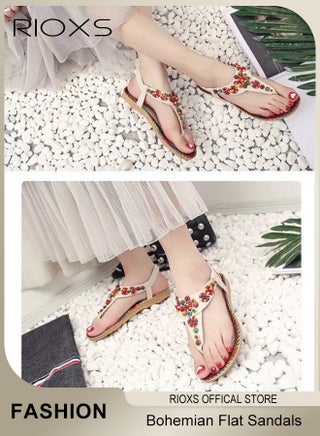 Flat Sandals for Women, Bohemian Beaded Flip Flop Sandals, Fashion Thong Sandals for Women, Classic Ankle Strap Beach Sandal, Slip-on Flats Open-toed Shoes for Ladies,  Comfort Summer Sandals for Vacation/ Shopping/ Walking/ Daily Wear, Casual Sandals Brown Beige - view 5
