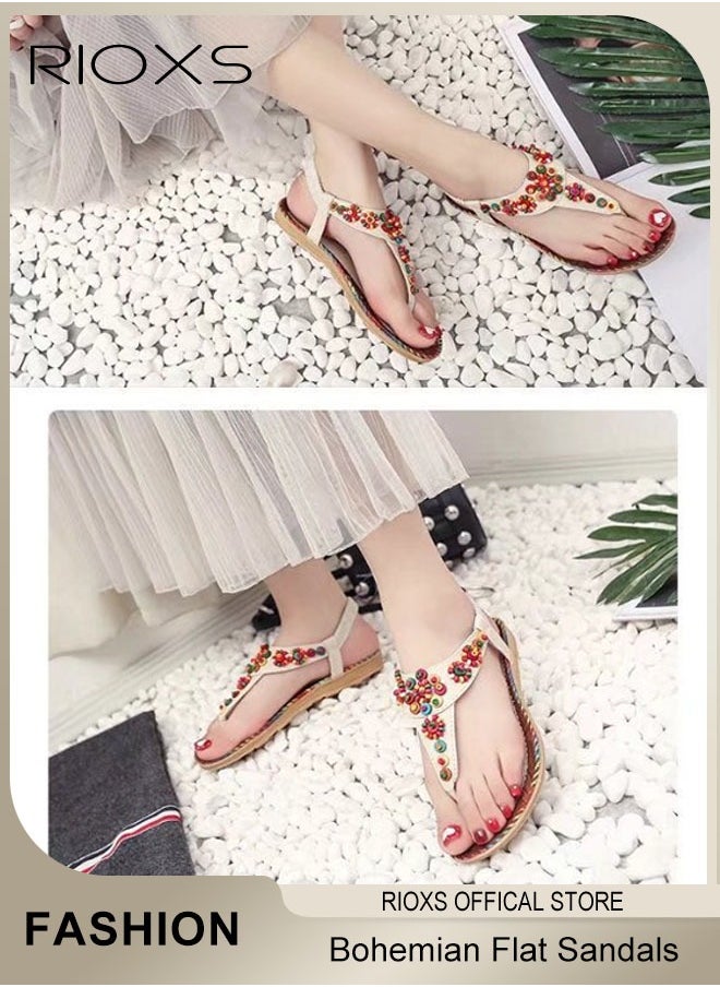 RIOXS - Flat Sandals For Women Bohemian Beaded Sandals Women's Fashion Ankle Strap Beach Sandal Slip-on Flats Shoes For Ladies Vacation Shopping Walking Daily Wear - Image 1