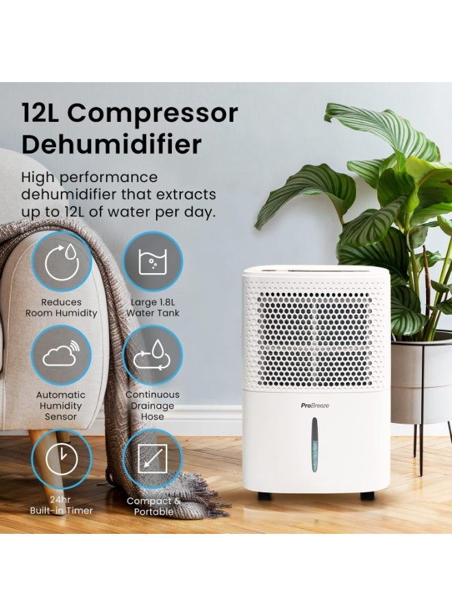 Pro Breeze 12L/Day Dehumidifier with Digital Humidity Display, Sleep Mode, Continuous Drainage, Laundry Drying and 24 Hour Timer - Ideal for Damp and Condensation  - Image 2