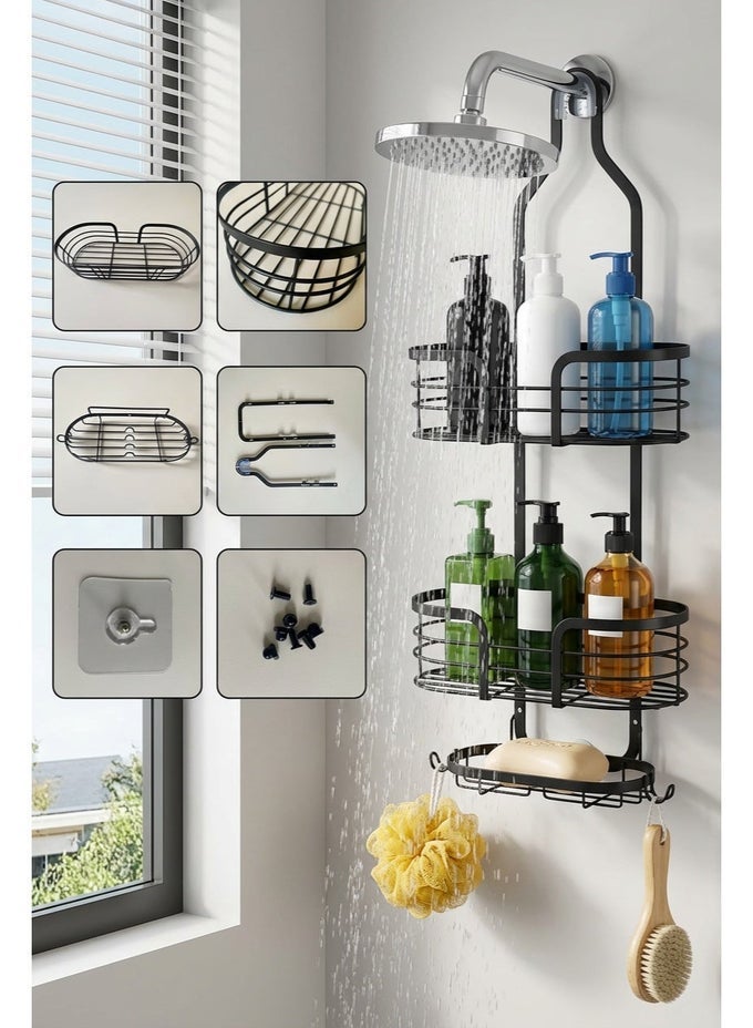 3-TIER METAL HANGING SHOWER CADDY,ANTI-RUST BATHROOM STORAGE SHELF,HOME SPACIOUS MULTI-LAYER STORAGE ORGANIZER RACK,ANTI-SWING WALL ADHESIVE HANGING ORGANIZING RACK WITH SOAP BASKET ,13"X 6"X 25"- BLACK