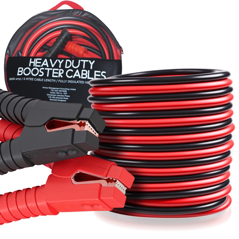 Voilamart كابلات قفز ثقيلة من فويلامارت 1 قياس 20 قدم 3000 أمبير مع حقيبة حمل كابلات قفز بطارية السيارات من الدرجة التجارية لكابلات بدء تشغيل بطارية الشاحنات والسيارات SUV