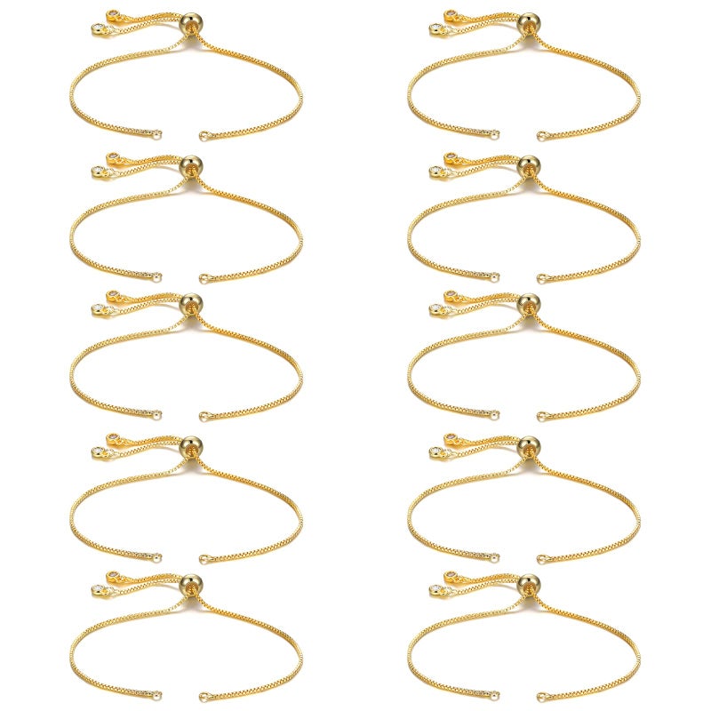 Sureio 10 Pieces Adjustable Slider Bracelet for Jewelry Making Bracelet Chains for DIY Jewelry Making Findings Extender Chains with Rhinestones Ends for Woman Girl(Gold) - Image 1
