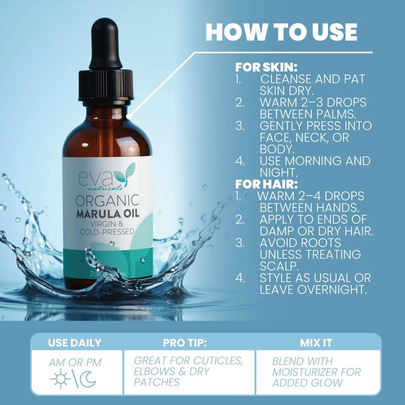 Eva Naturals زيت مروولا من إيفا ناتورالز - زيت نقي 100% معصور على البارد للوجه والشعر والبشرة والجسم - سيروم خفيف للوجه والتدليك - مرطب للعناية بالشيخوخة، واستخدام غوا شا واللحية - Image 5