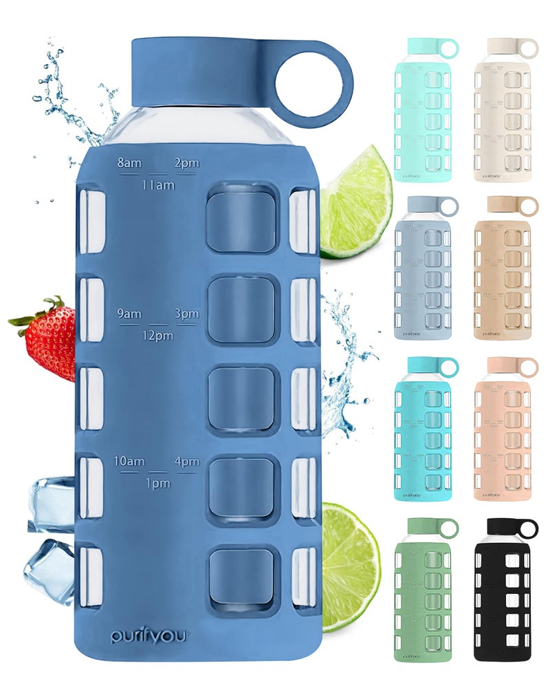 purifyou 40322212 oz Borosilicate Glass Water Bottles with Volume Markers Silicone Sleeve Stainless Steel Lid Reusable Bottle for Water Juice Gym and Fridge Storage 22oz Chinese Porcelain