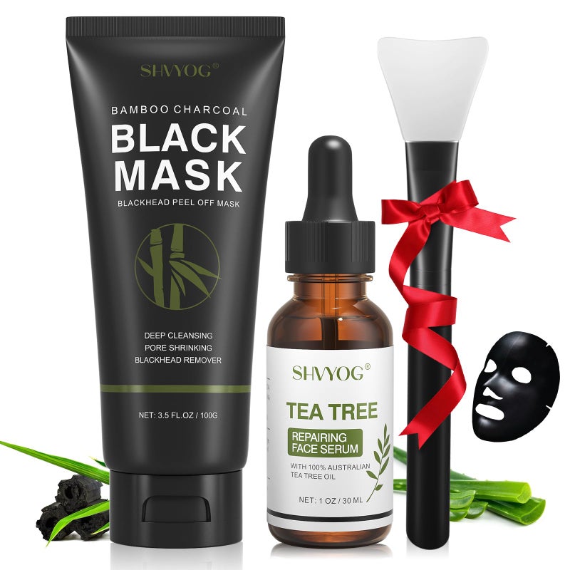 SHVYOG Blackhead Peel Off Face Mask 3in1 Blackhead Remover Mask with Brush  Tea Tree Oil Serum Charcoal Mask for Deep Cleansing Dirts Pores Skin Oil 100g30ml