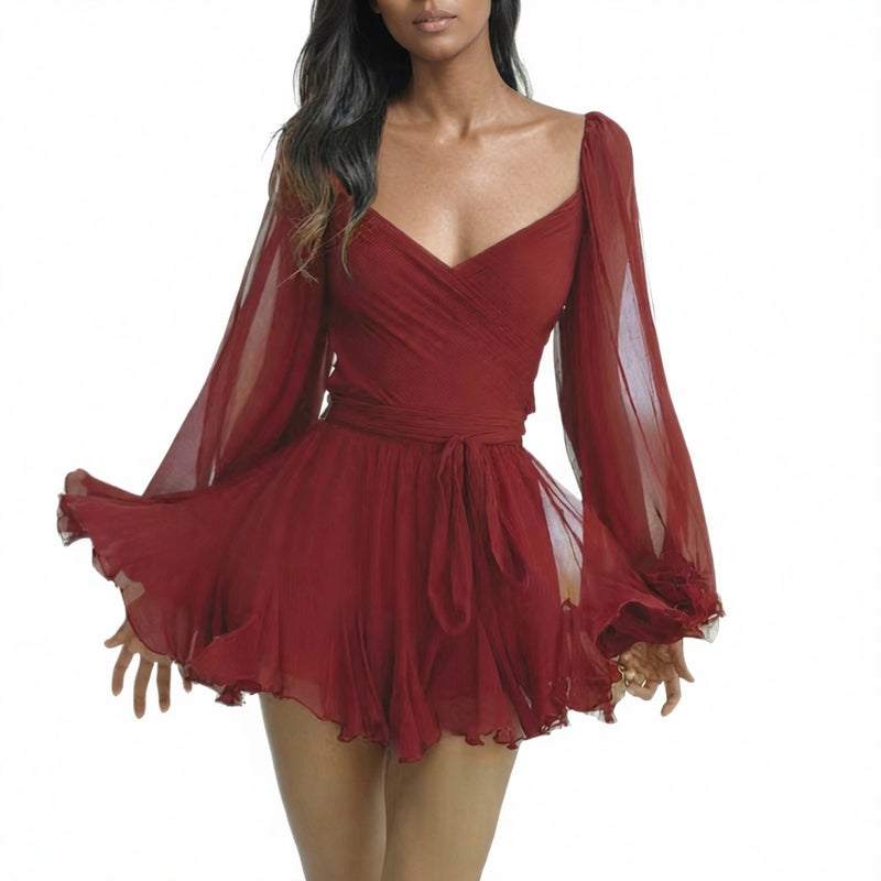 Women's Casual Fitted Lantern Sleeve Ruffle Hem Dress - Image 1