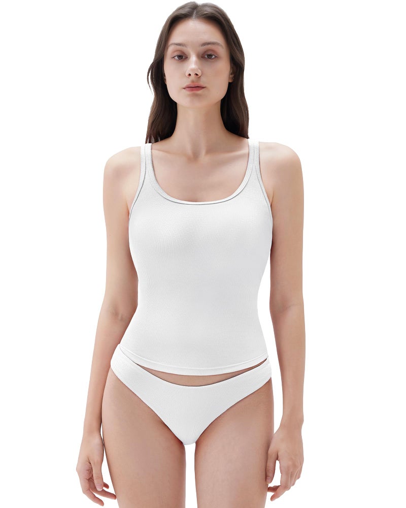 SUUKSESS Women Cotton Ribbed Tank Tops with Built in Bra Summer Going Out Sleeveless Basic Camisole Tops (Snow White, S) - Image 1