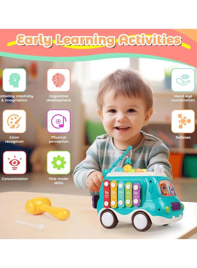 إيزي سو لعبة بيبي باص الموسيقية مونتيسوري مع صوت وضوء، مع إكسيليفون/مطرقة/لعبة صيد وطاحونة هوائية وتدوير معدات وما إلى ذلك من التعلم الحسي، للأطفال الصغار بعمر 18 شهرًا فأكثر (وردي) - Image 2